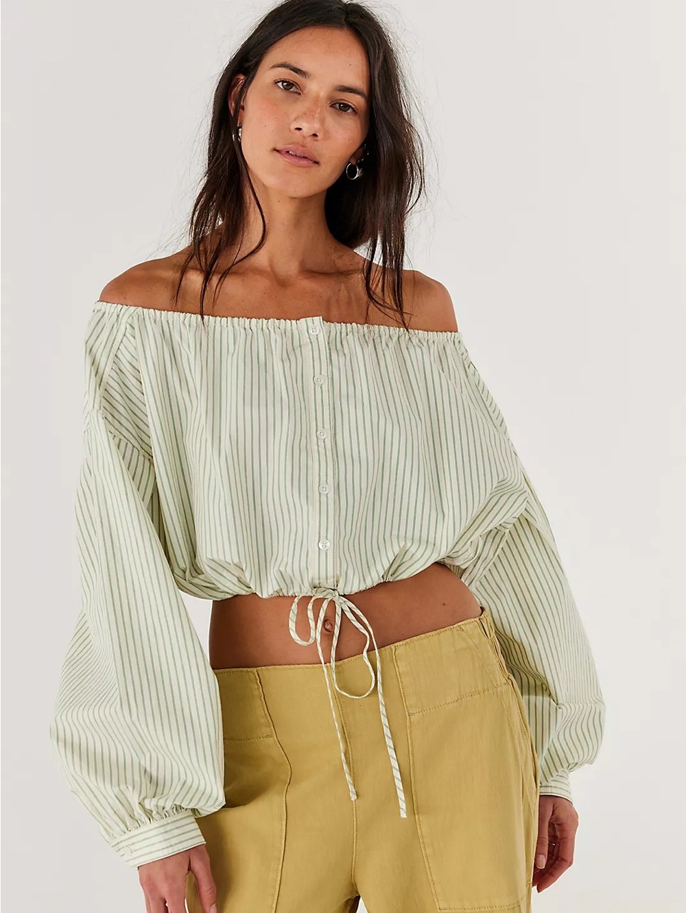 NWT FREE PEOPLE WE THE FREE Antiqua Off-The-Shoulder Crop Top | Ivory Combo $128